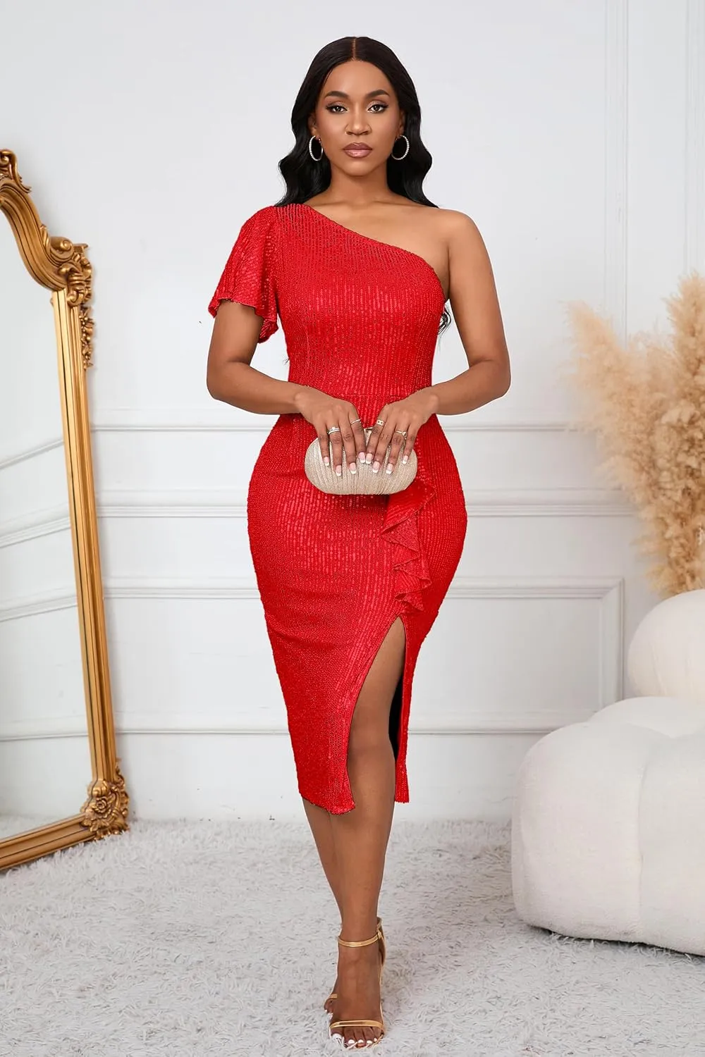 VERWIN Women's One Shoulder Sequins Dress Short Sleeve Ruffle Bodycon Dress Sparkly Split Casual Party Cocktail Midi Dress