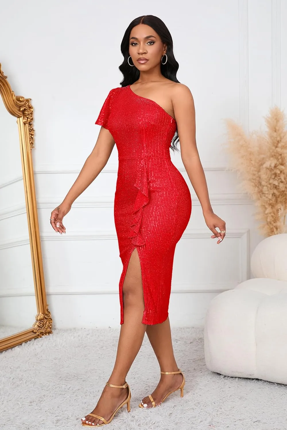 VERWIN Women's One Shoulder Sequins Dress Short Sleeve Ruffle Bodycon Dress Sparkly Split Casual Party Cocktail Midi Dress