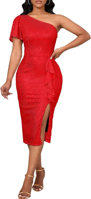 VERWIN Women's One Shoulder Sequins Dress Short Sleeve Ruffle Bodycon Dress Sparkly Split Casual Party Cocktail Midi Dress