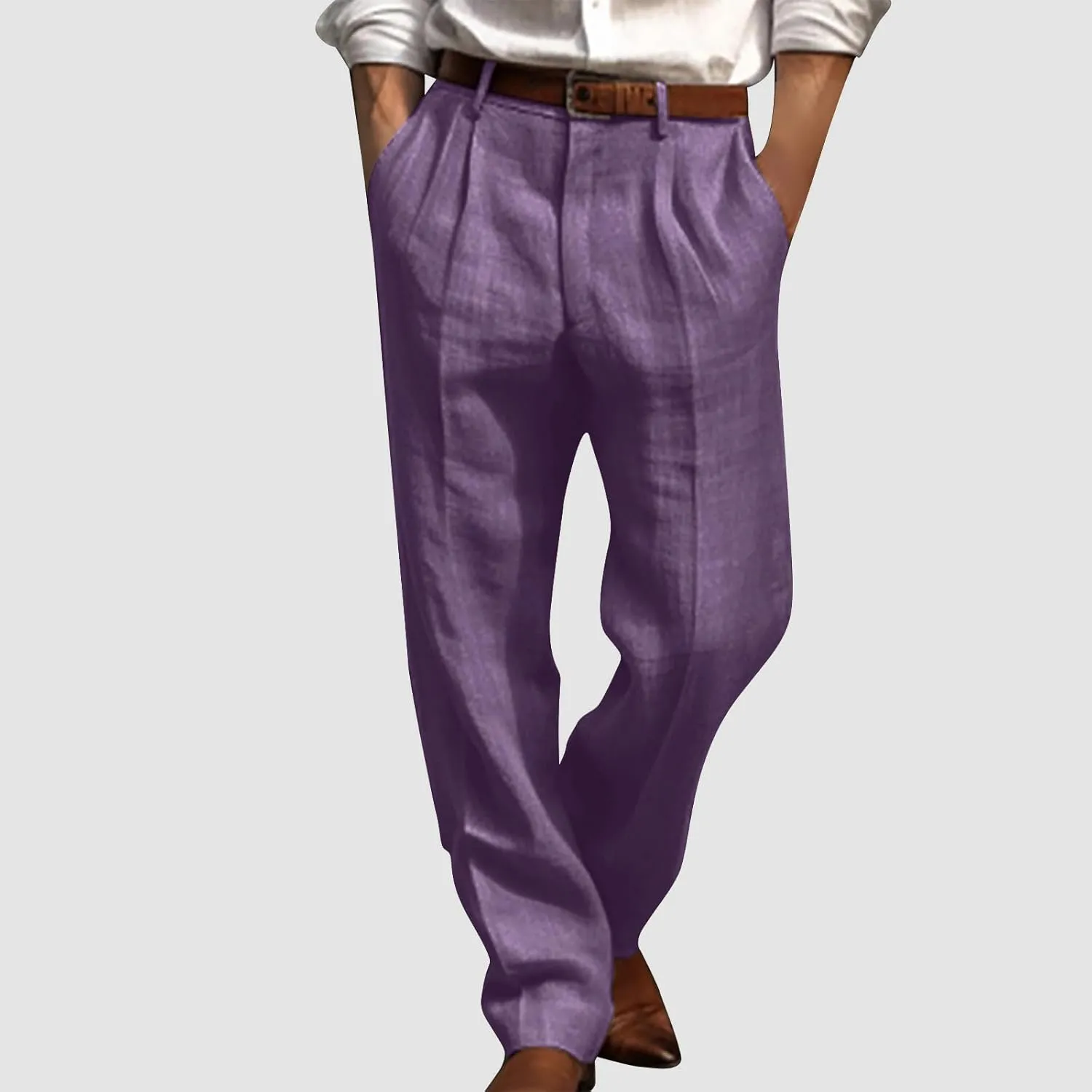 Vickyleb Men's Cotton Linen Pants Straight Leg Pleated Work Dress Leisure Pants Relaxed Fit Casual Lightweight Trousers