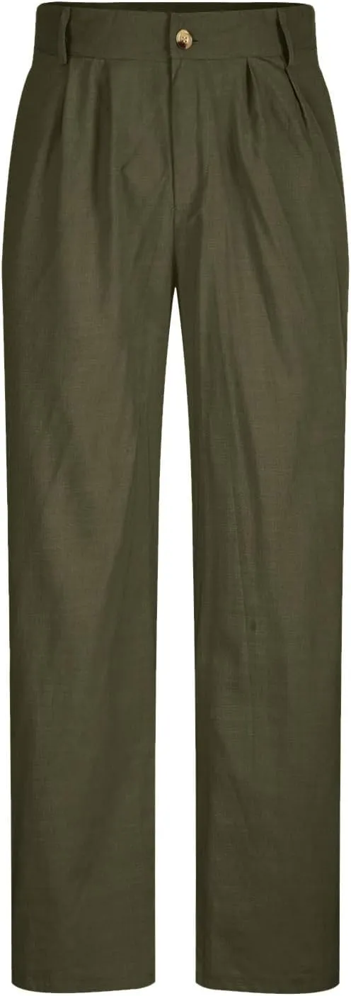 Vickyleb Men's Cotton Linen Pants Straight Leg Pleated Work Dress Leisure Pants Relaxed Fit Casual Lightweight Trousers