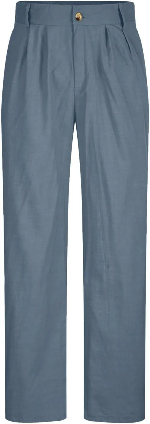 Vickyleb Men's Cotton Linen Pants Straight Leg Pleated Work Dress Leisure Pants Relaxed Fit Casual Lightweight Trousers