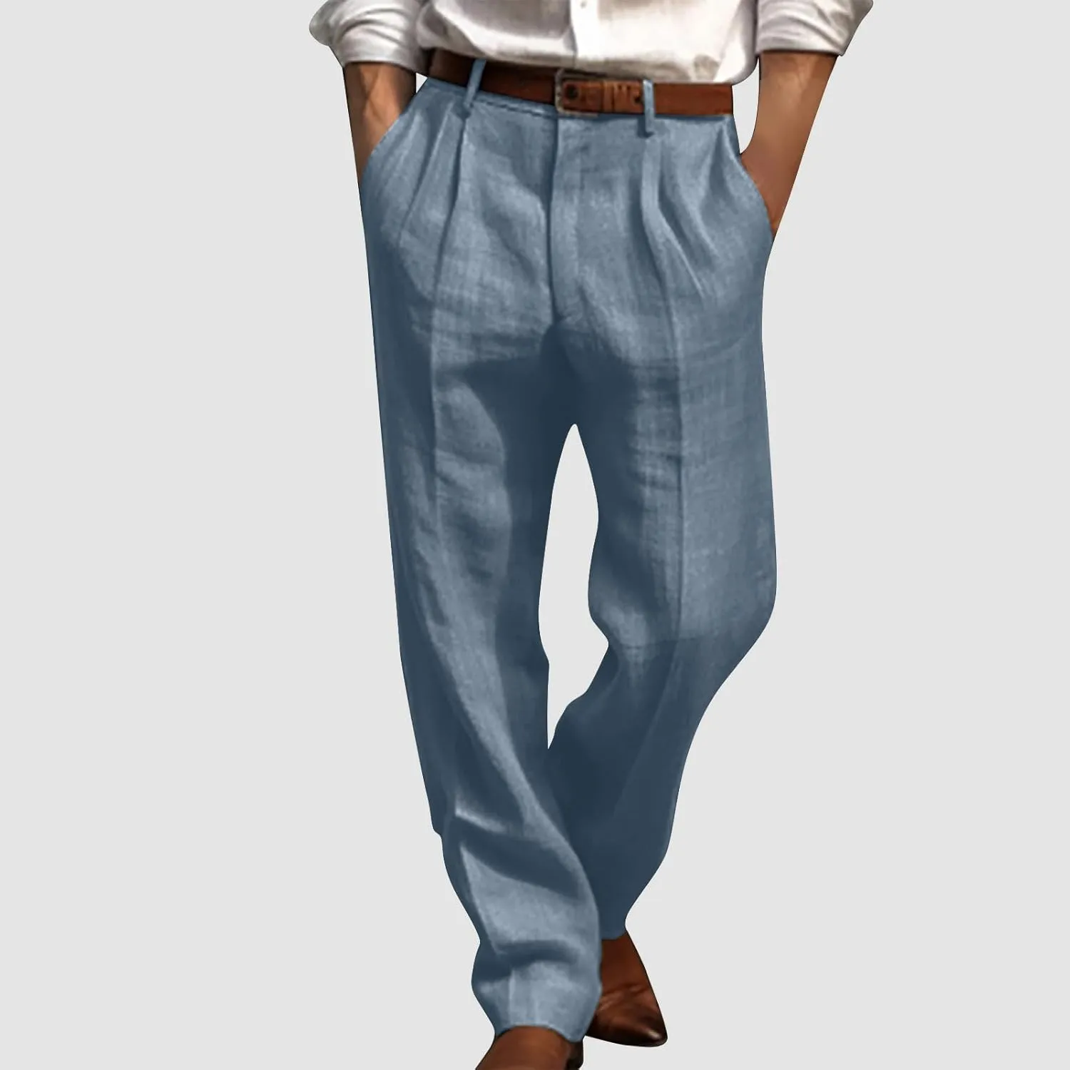 Vickyleb Men's Cotton Linen Pants Straight Leg Pleated Work Dress Leisure Pants Relaxed Fit Casual Lightweight Trousers