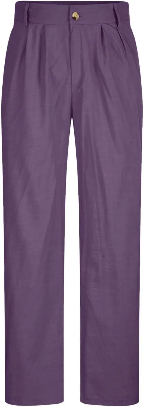 Vickyleb Men's Cotton Linen Pants Straight Leg Pleated Work Dress Leisure Pants Relaxed Fit Casual Lightweight Trousers