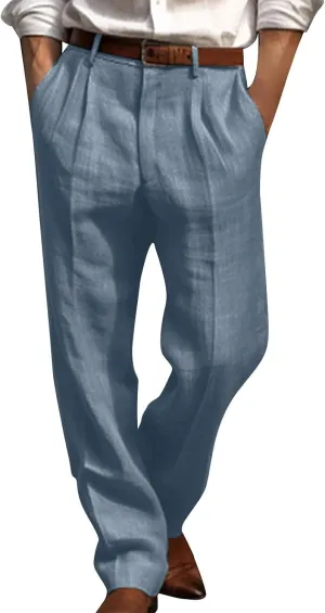 Vickyleb Men's Cotton Linen Pants Straight Leg Pleated Work Dress Leisure Pants Relaxed Fit Casual Lightweight Trousers