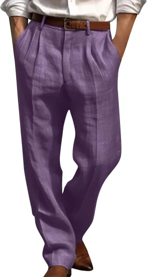 Vickyleb Men's Cotton Linen Pants Straight Leg Pleated Work Dress Leisure Pants Relaxed Fit Casual Lightweight Trousers