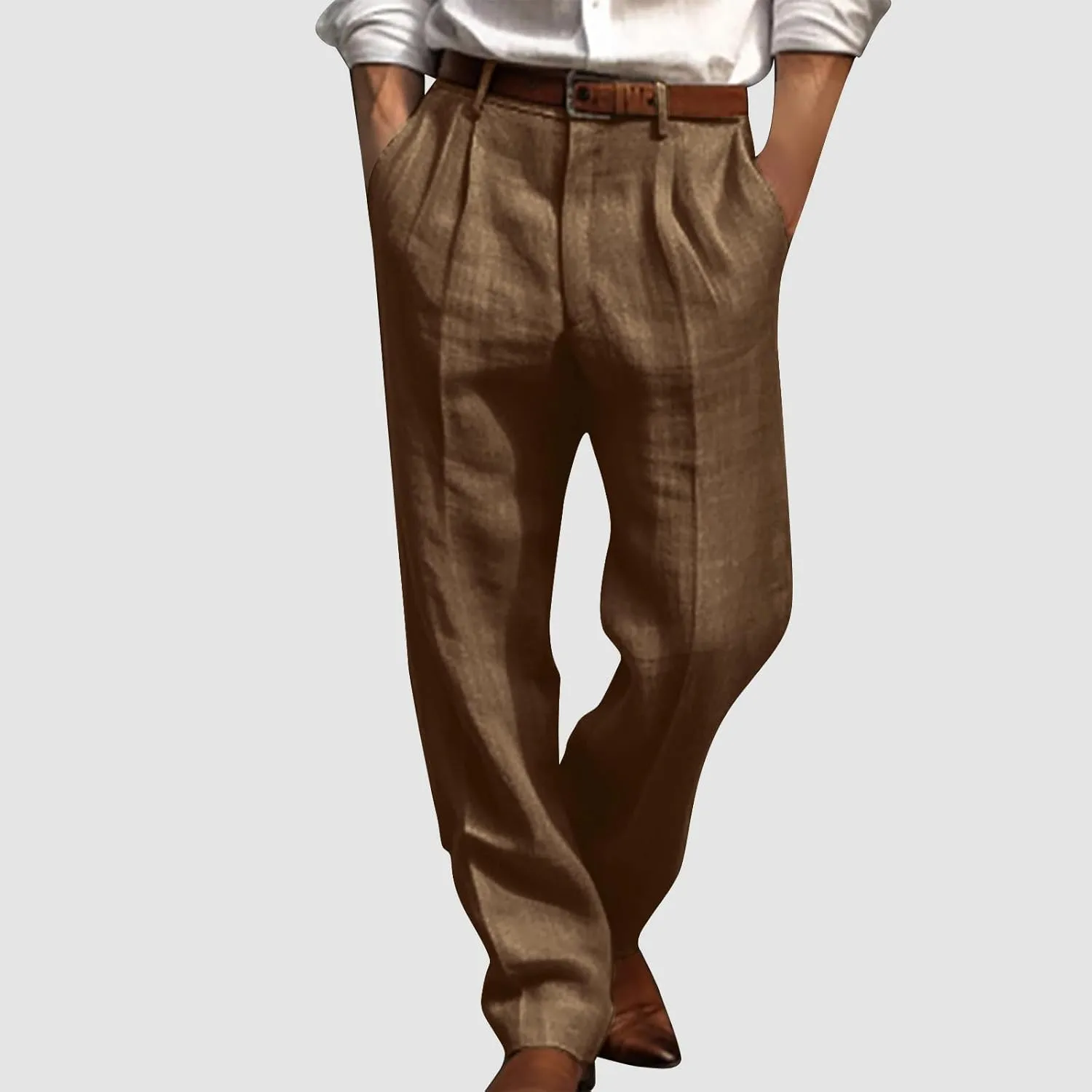 Vickyleb Men's Cotton Linen Pants Straight Leg Pleated Work Dress Leisure Pants Relaxed Fit Casual Lightweight Trousers