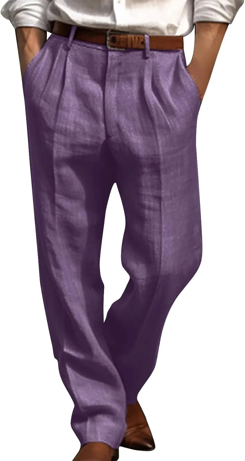 Vickyleb Men's Cotton Linen Pants Straight Leg Pleated Work Dress Leisure Pants Relaxed Fit Casual Lightweight Trousers