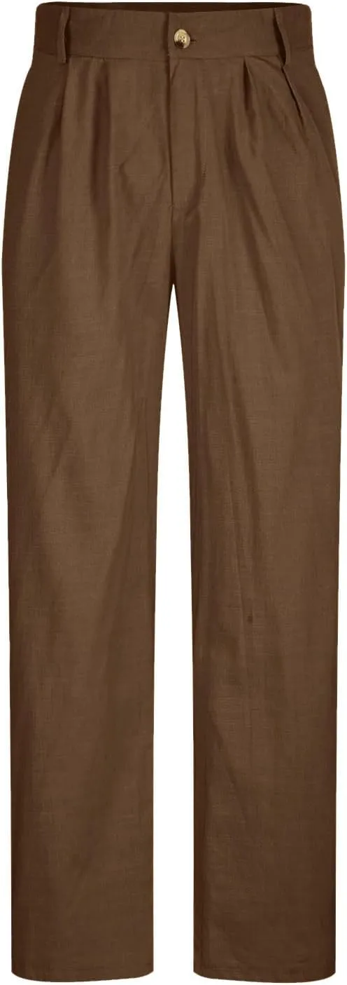Vickyleb Men's Cotton Linen Pants Straight Leg Pleated Work Dress Leisure Pants Relaxed Fit Casual Lightweight Trousers
