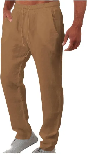 Vickyleb Men's Linen Pants Slim Fit Cotton Casual Lightweight Elastic Waist Summer Beach Loose Trousers with Pockets