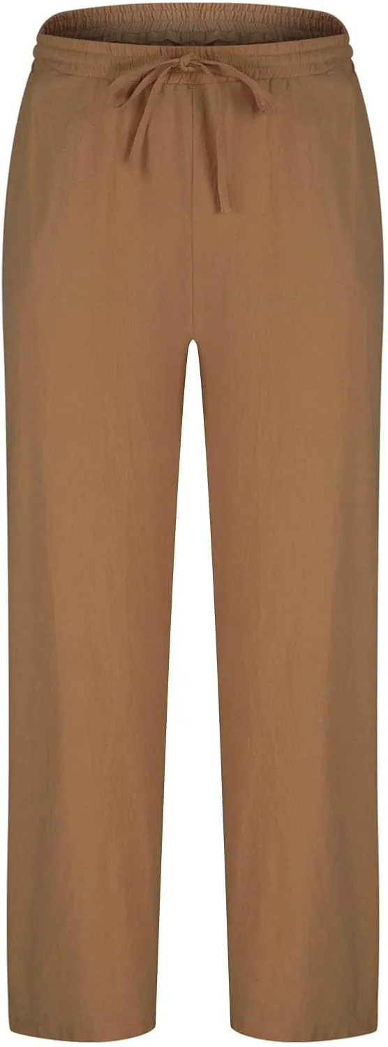 Vickyleb Men's Linen Pants Slim Fit Cotton Casual Lightweight Elastic Waist Summer Beach Loose Trousers with Pockets
