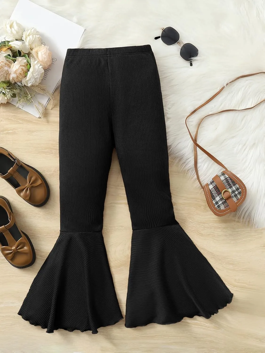 WDIRARA Girl's High Waisted Stretch Bell Bottoms Ruffle Flare Pants