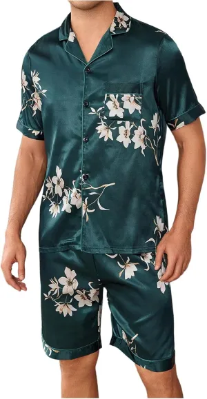 WDIRARA Men's 2 Piece Silk Satin Pajama Set Floral Print Sleepwear Button Down Short Sleeve Tops and Shorts Pjs