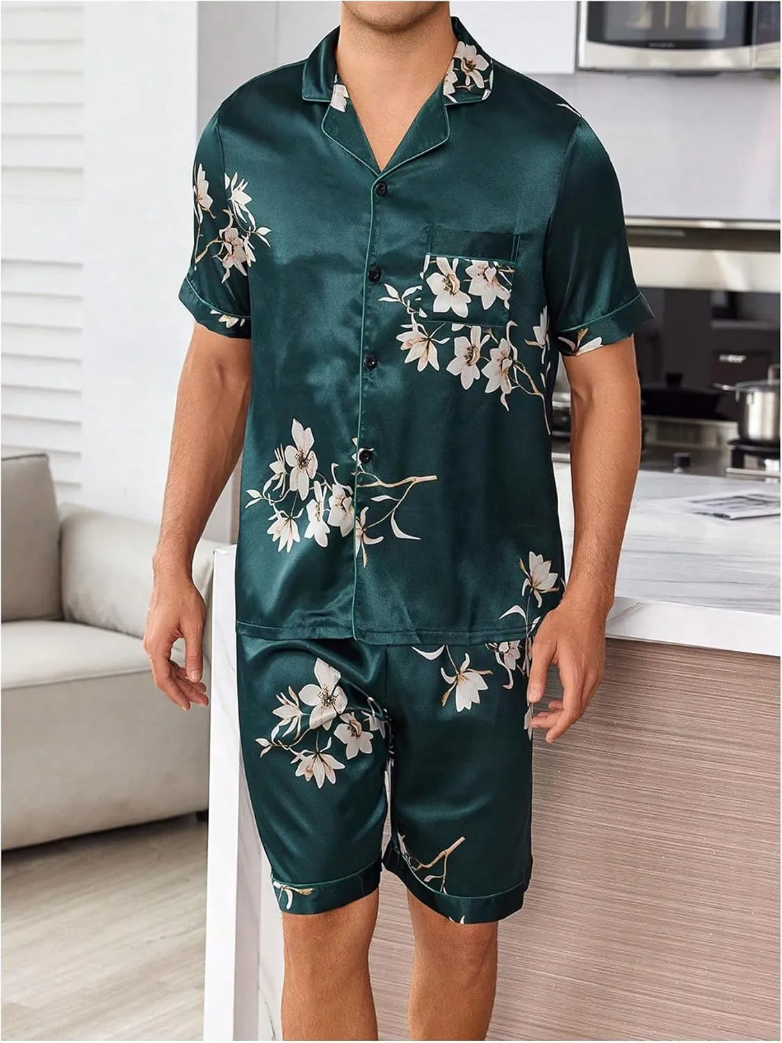 WDIRARA Men's 2 Piece Silk Satin Pajama Set Floral Print Sleepwear Button Down Short Sleeve Tops and Shorts Pjs