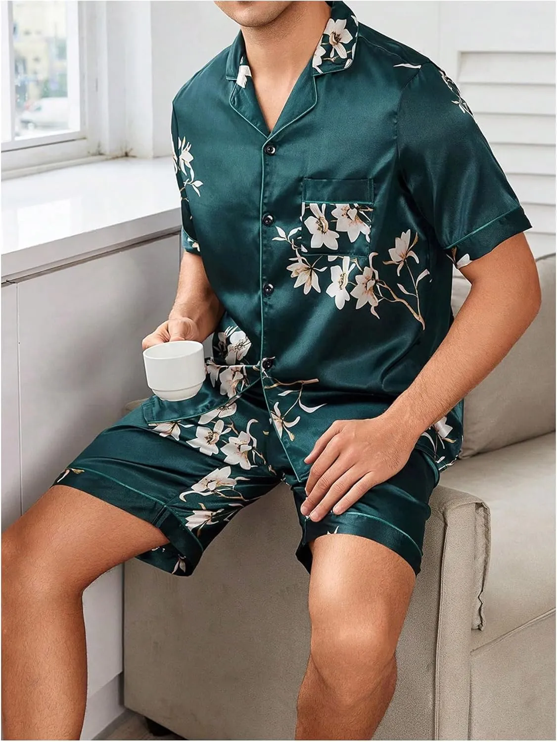 WDIRARA Men's 2 Piece Silk Satin Pajama Set Floral Print Sleepwear Button Down Short Sleeve Tops and Shorts Pjs