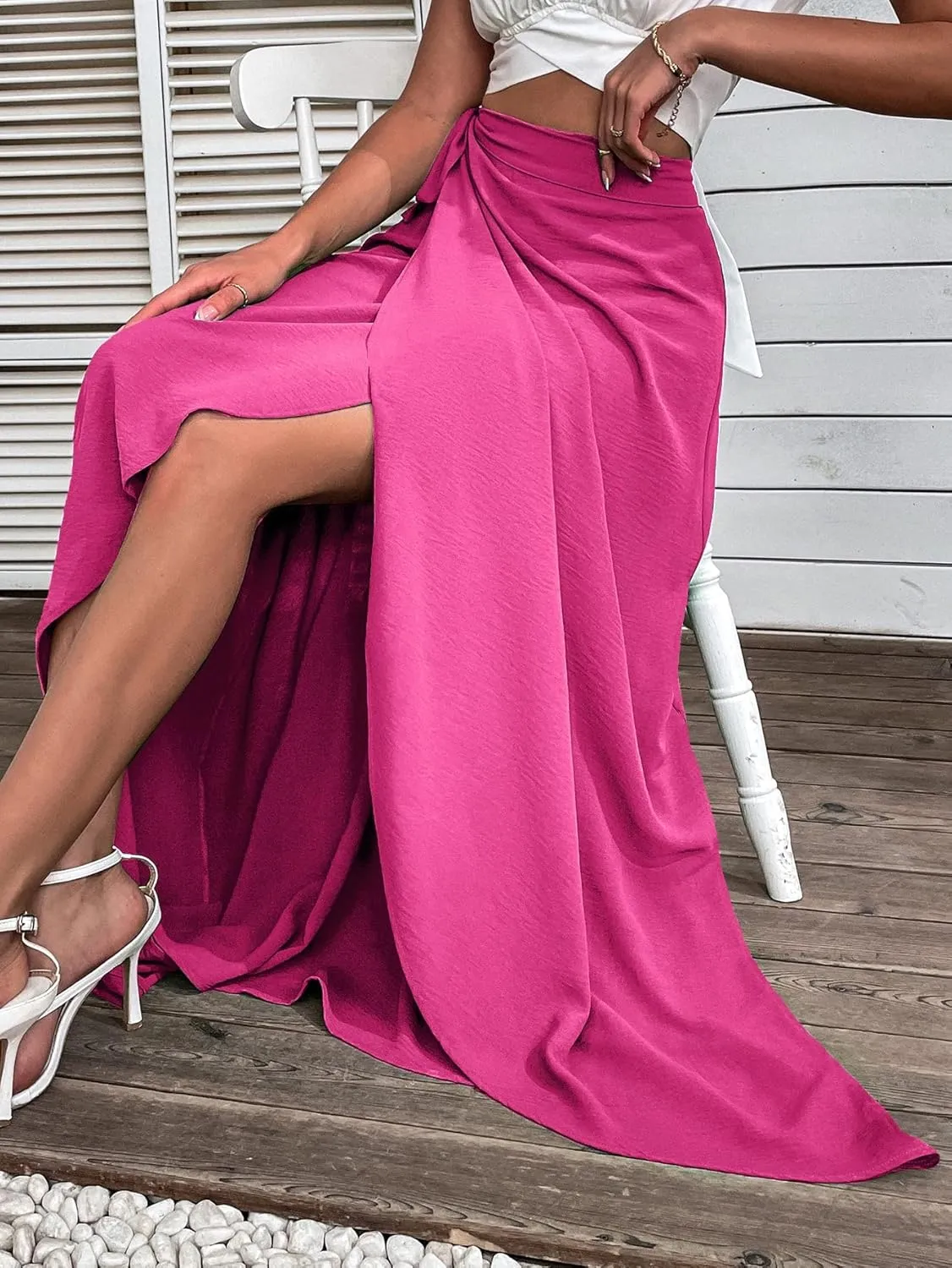 WDIRARA Women's Wrap Side Tie High Rise Split Solid Maxi Skirt Boho Long Skirt