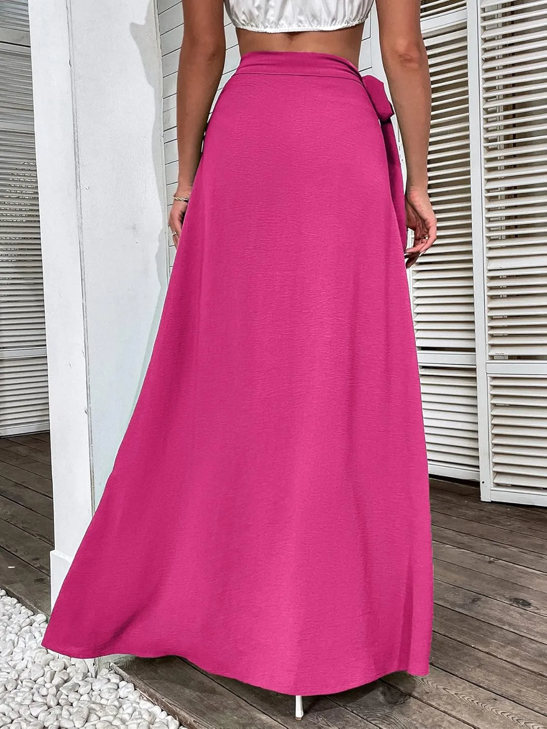 WDIRARA Women's Wrap Side Tie High Rise Split Solid Maxi Skirt Boho Long Skirt