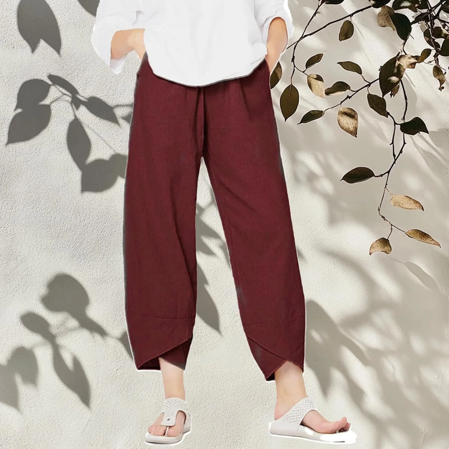 Wide Leg Pants Capri Cropped Casual Pants Summer Trendy Beach Pants with Pockets Plaid Patchwork Pants