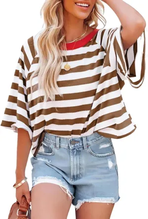Women Color Block Oversized Striped T-Shirts Short Sleeve Crew Neck Top Basic Casual Tee Shirts Summer Loose Shirts