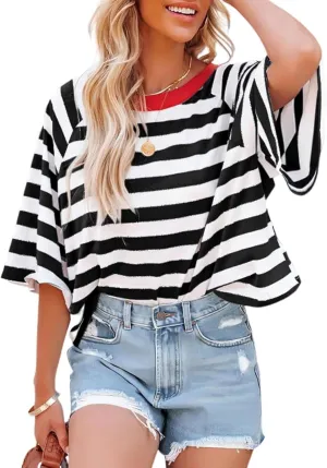 Women Color Block Oversized Striped T-Shirts Short Sleeve Crew Neck Top Basic Casual Tee Shirts Summer Loose Shirts