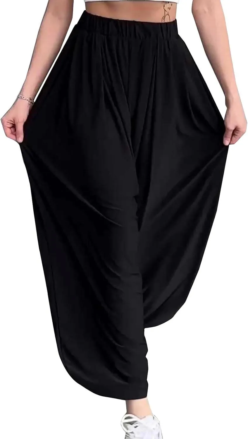 Women Elastic Waist Drawstring Harem Pants Casual Wide Leg Ankle Length Yoga Pants with Side Pockets Lightweight Pants