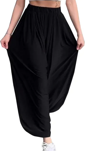 Women Elastic Waist Drawstring Harem Pants Casual Wide Leg Ankle Length Yoga Pants with Side Pockets Lightweight Pants