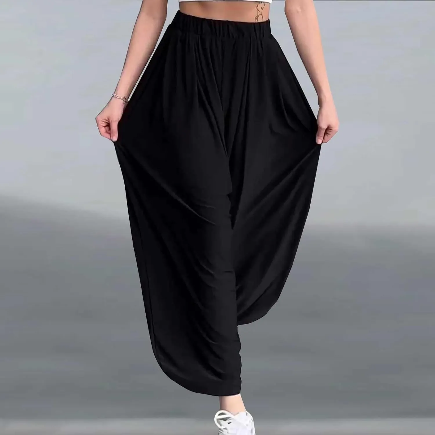 Women Elastic Waist Drawstring Harem Pants Casual Wide Leg Ankle Length Yoga Pants with Side Pockets Lightweight Pants