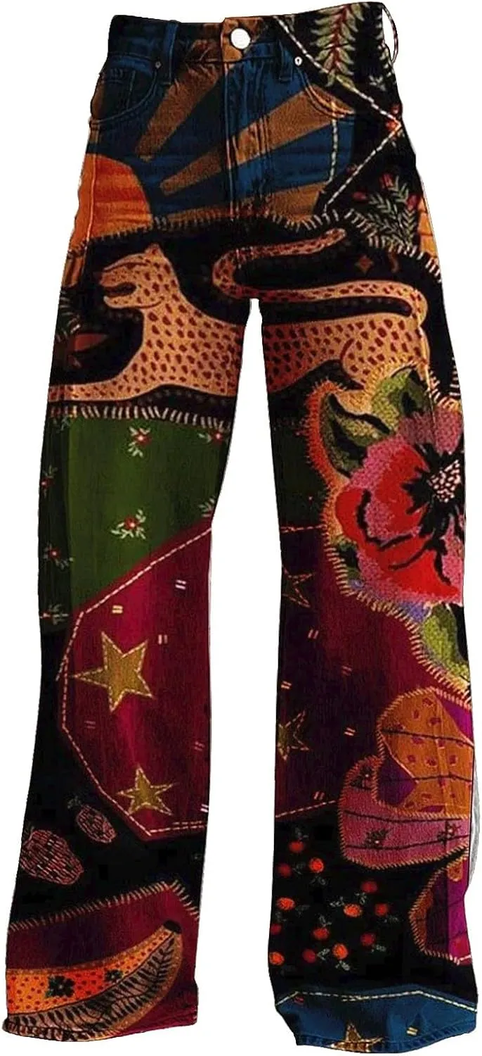 Women Elastic Waist Pants Vintage Flower Printed Pants Halloween Loose Fit Trousers with Pocket Straight Trousers Party