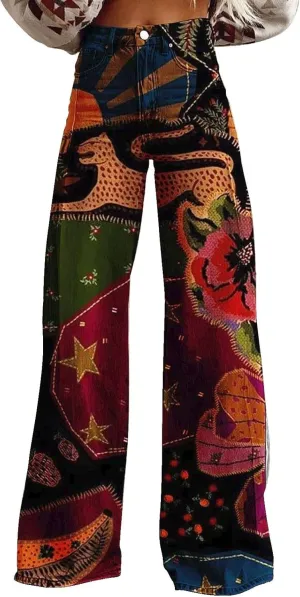 Women Elastic Waist Pants Vintage Flower Printed Pants Halloween Loose Fit Trousers with Pocket Straight Trousers Party