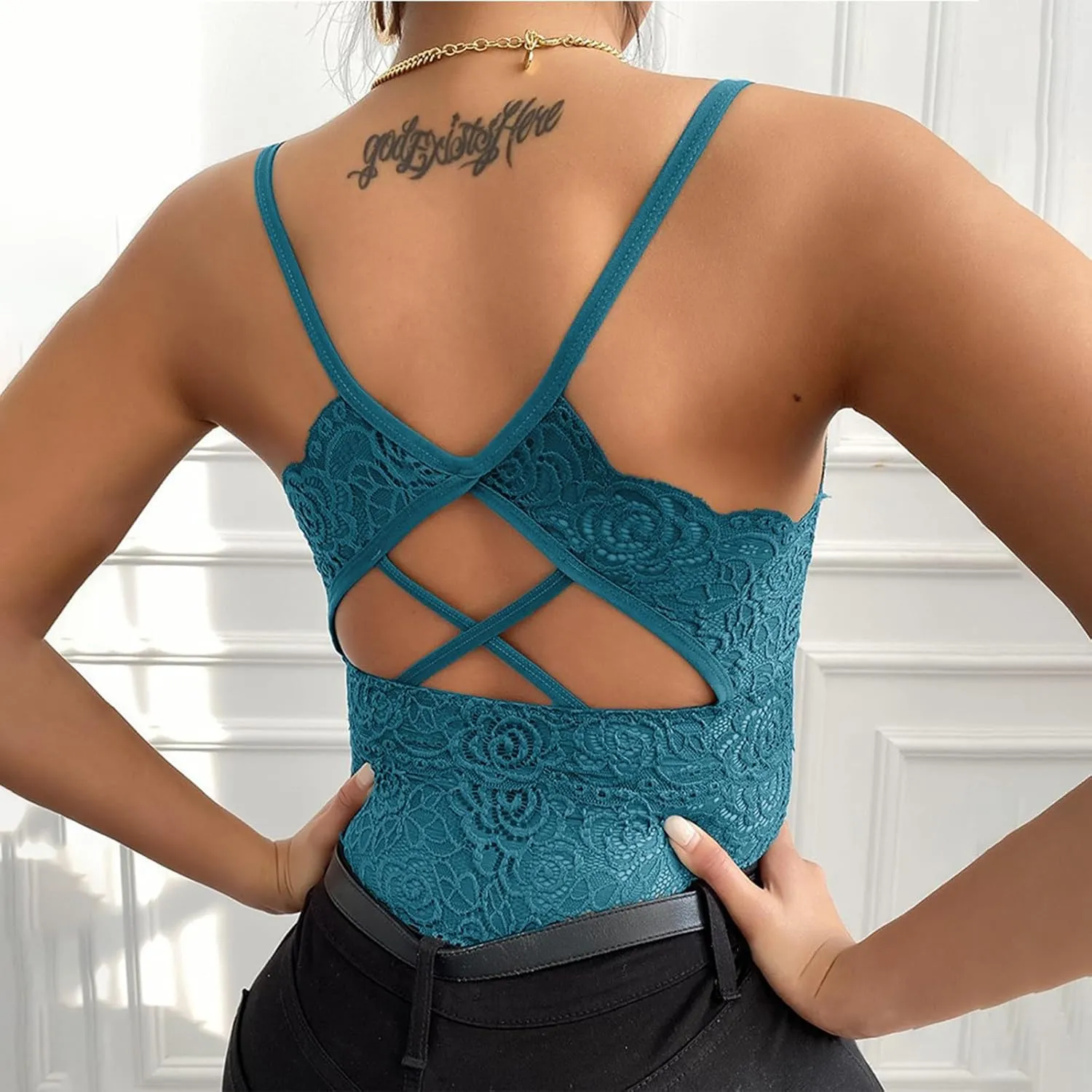 Women Floral Lace Cami Crop Top Sleeveless Cut Out Back Spaghetti Strap Slim Yoga Workout Tank Tops Sexy Camisoles