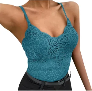 Women Floral Lace Cami Crop Top Sleeveless Cut Out Back Spaghetti Strap Slim Yoga Workout Tank Tops Sexy Camisoles