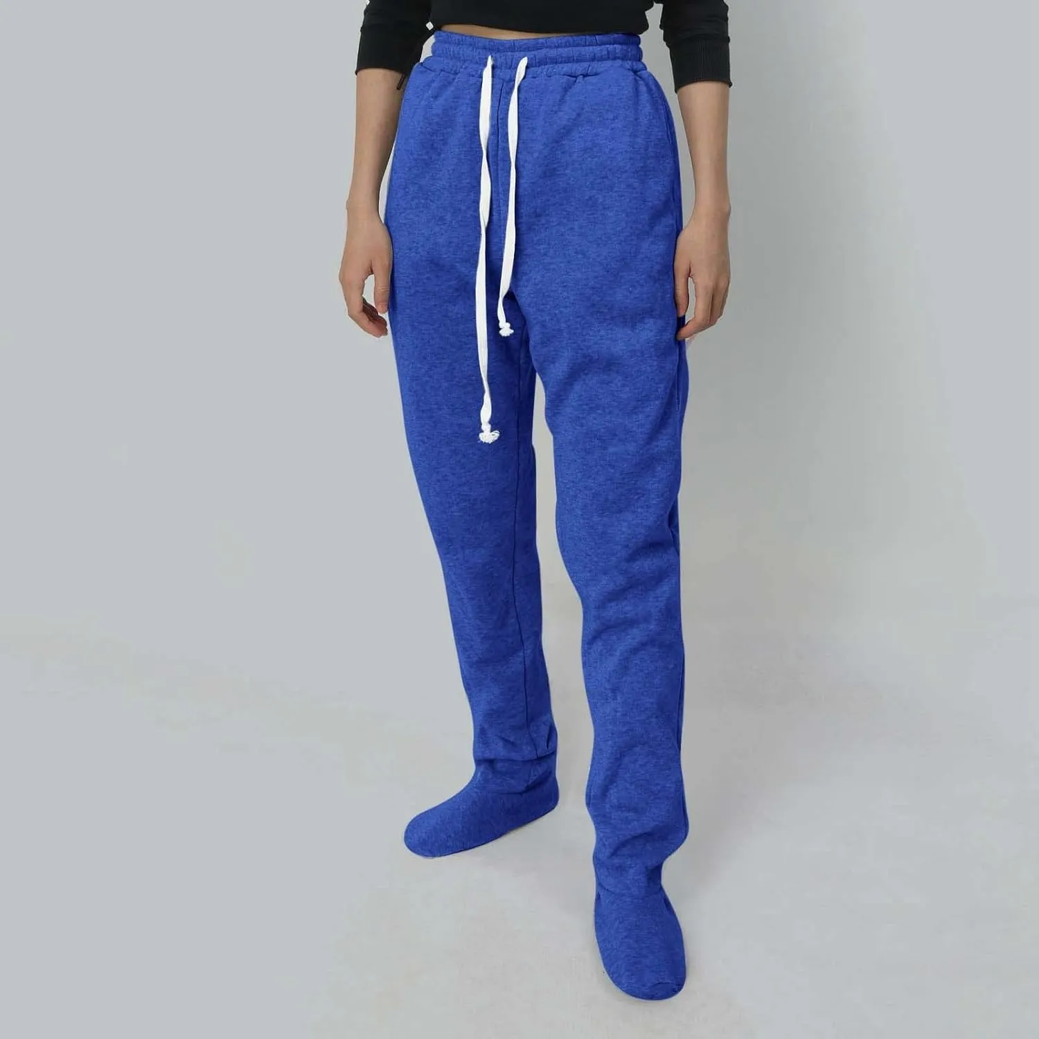 Women Footed Sweatpants Sherpa Fleece Lined Drawstring Pants Winter Soft Warm Nightwear Loungewear Solid Footed Loose Pajamas