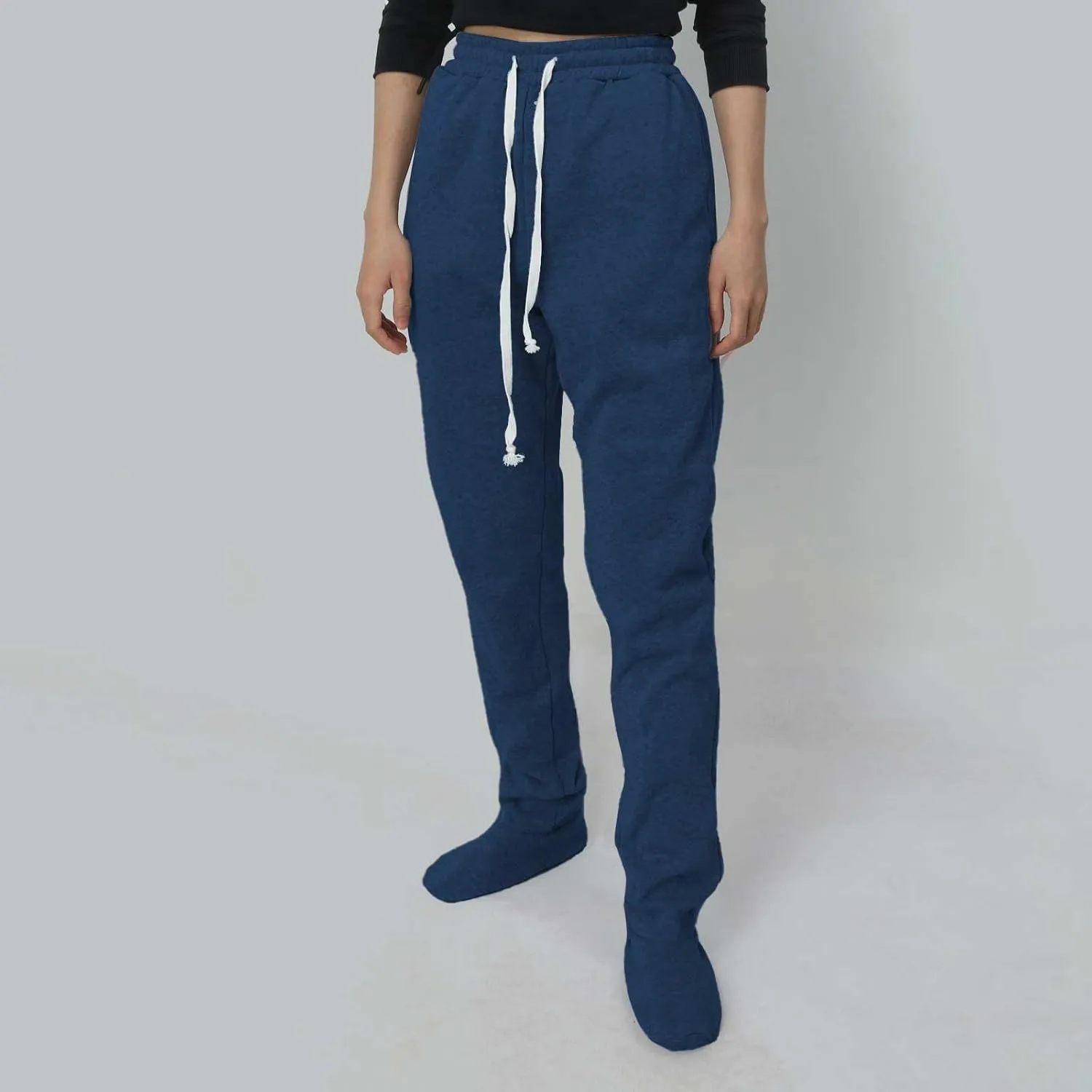 Women Footed Sweatpants Sherpa Fleece Lined Drawstring Pants Winter Soft Warm Nightwear Loungewear Solid Footed Loose Pajamas