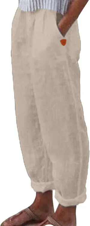Women Linen Cotton Blend Pants Straight Leg Summer Cotton Casual High Waist Elastic Linen Beach Pants