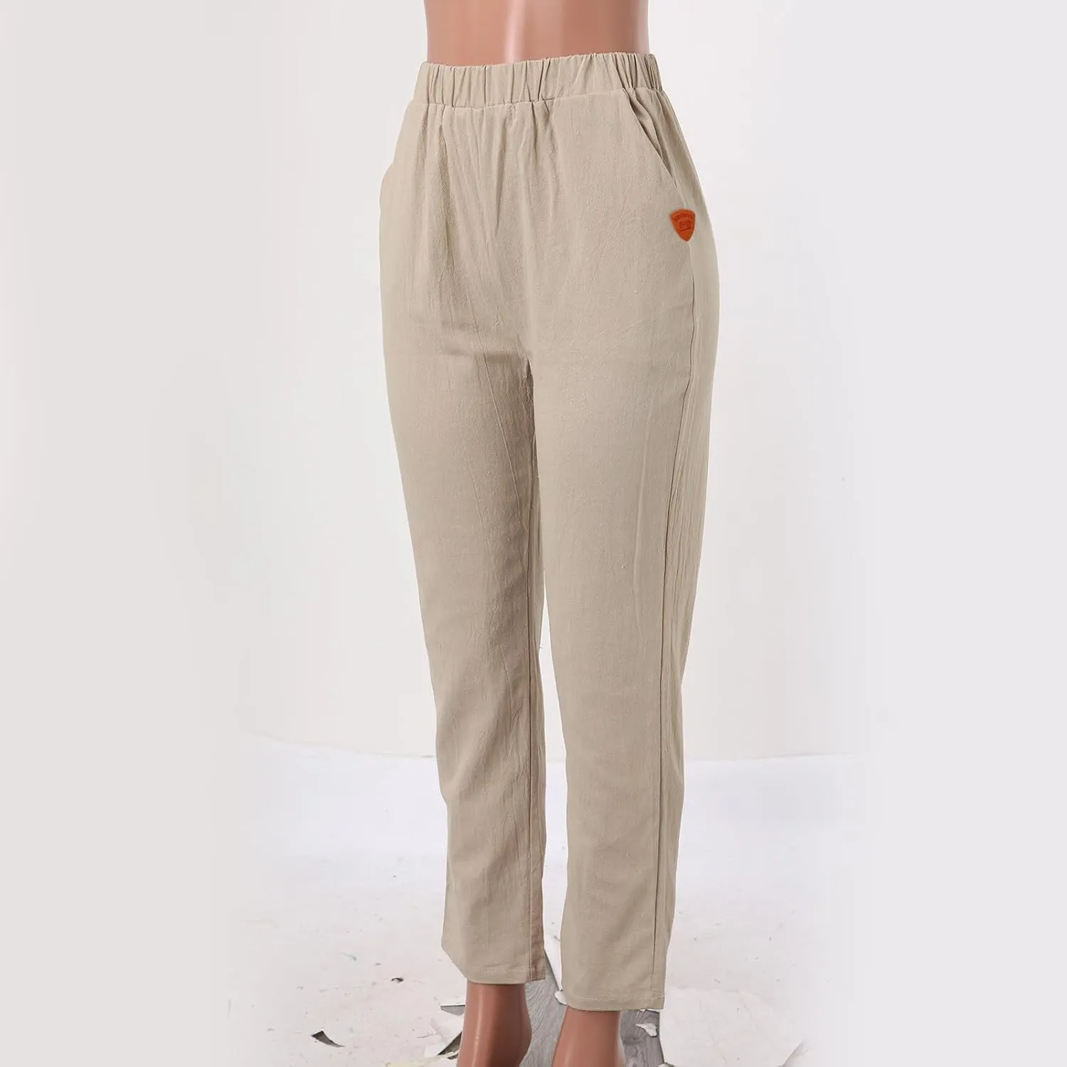 Women Linen Cotton Blend Pants Straight Leg Summer Cotton Casual High Waist Elastic Linen Beach Pants
