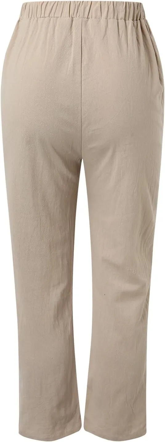 Women Linen Cotton Blend Pants Straight Leg Summer Cotton Casual High Waist Elastic Linen Beach Pants