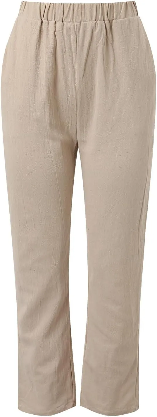 Women Linen Cotton Blend Pants Straight Leg Summer Cotton Casual High Waist Elastic Linen Beach Pants