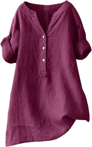 Women Linen Shirts V Neck Button Up Blouse Collar Summer Tee Shirts Long Sleeve Loose T-Shirt