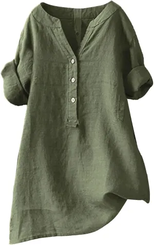 Women Linen Shirts V Neck Button Up Blouse Collar Summer Tee Shirts Long Sleeve Loose T-Shirt