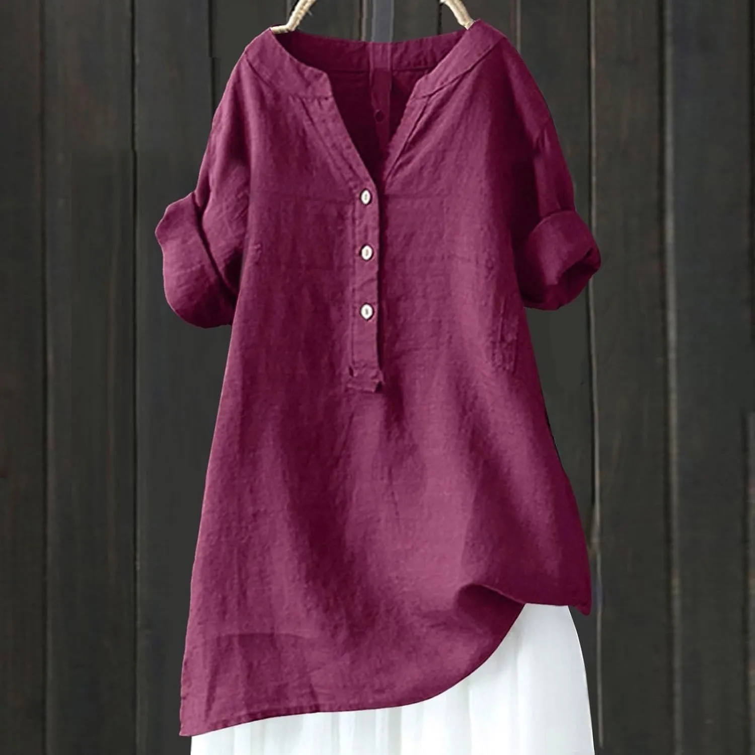 Women Linen Shirts V Neck Button Up Blouse Collar Summer Tee Shirts Long Sleeve Loose T-Shirt