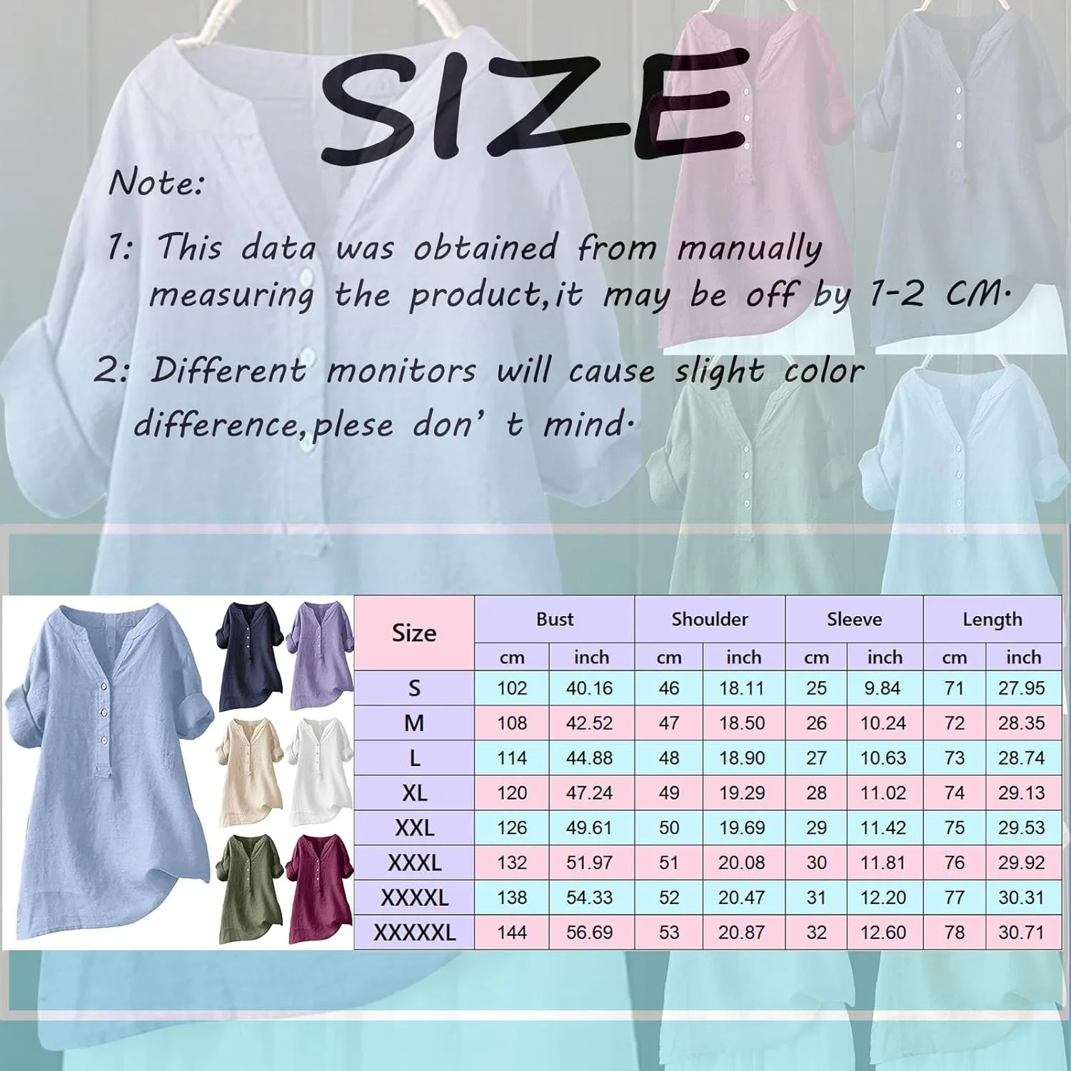 Women Linen Shirts V Neck Button Up Blouse Collar Summer Tee Shirts Long Sleeve Loose T-Shirt