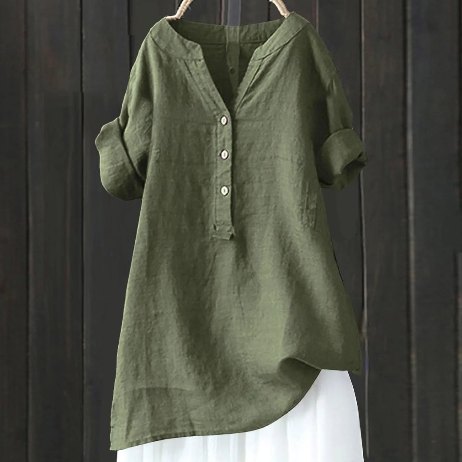 Women Linen Shirts V Neck Button Up Blouse Collar Summer Tee Shirts Long Sleeve Loose T-Shirt
