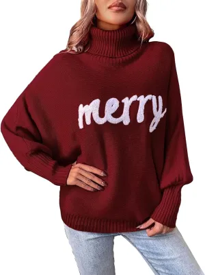 Women Merry Christmas Turtleneck Sweater Xmas Long Batwing Sleeve Letter Pullover Holiday Knitted Sweater Tops