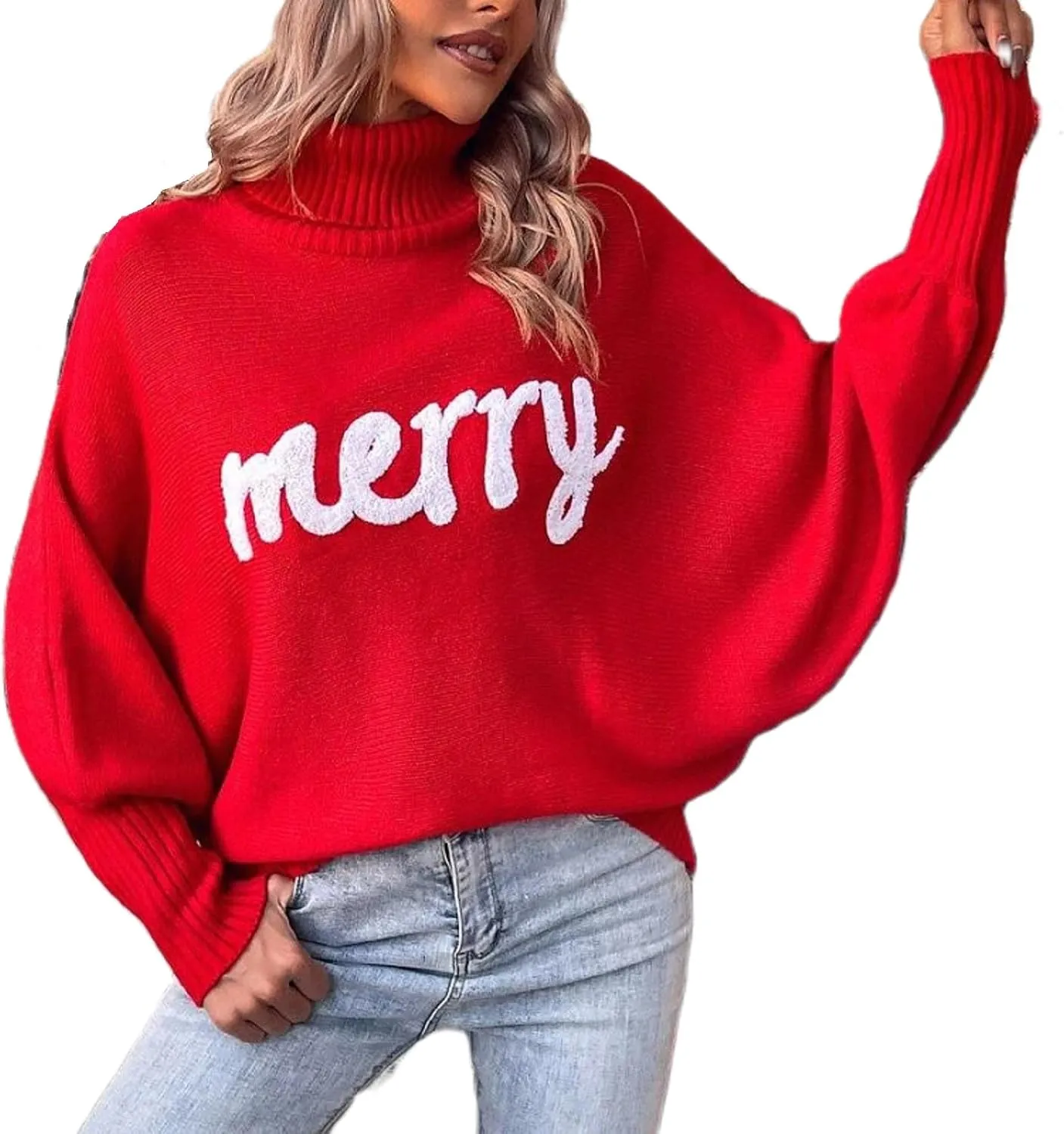 Women Merry Christmas Turtleneck Sweater Xmas Long Batwing Sleeve Letter Pullover Holiday Knitted Sweater Tops