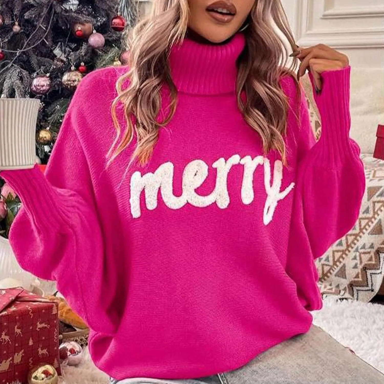 Women Merry Christmas Turtleneck Sweater Xmas Long Batwing Sleeve Letter Pullover Holiday Knitted Sweater Tops