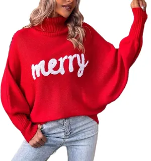 Women Merry Christmas Turtleneck Sweater Xmas Long Batwing Sleeve Letter Pullover Holiday Knitted Sweater Tops