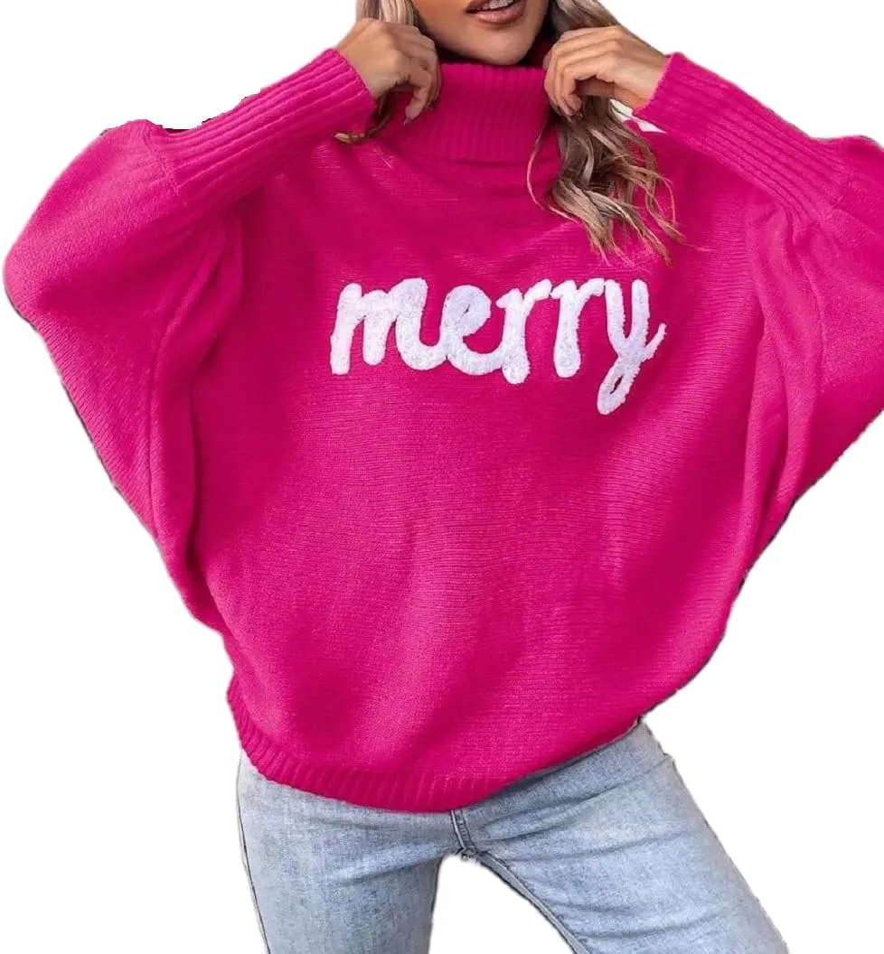 Women Merry Christmas Turtleneck Sweater Xmas Long Batwing Sleeve Letter Pullover Holiday Knitted Sweater Tops