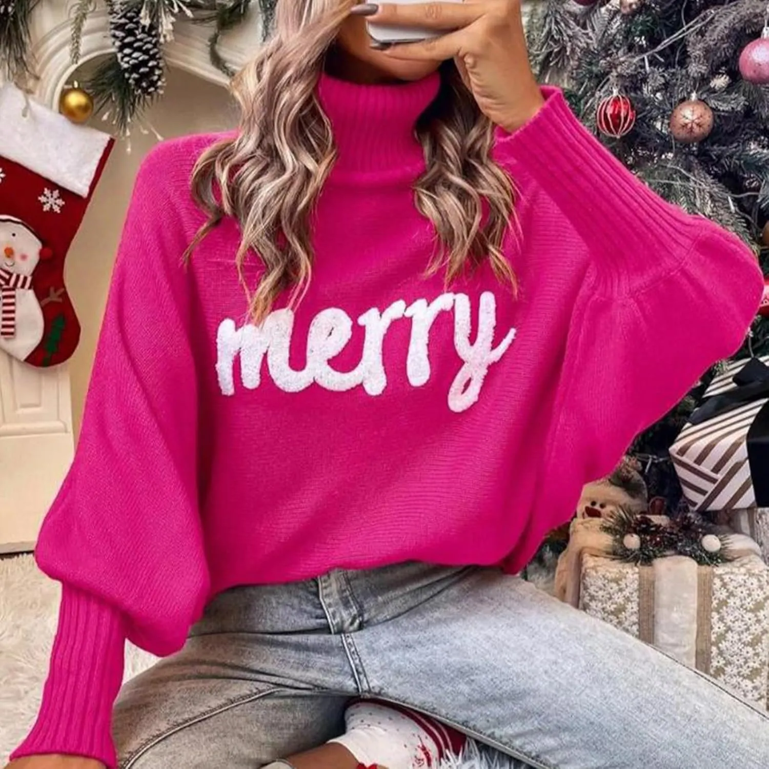 Women Merry Christmas Turtleneck Sweater Xmas Long Batwing Sleeve Letter Pullover Holiday Knitted Sweater Tops