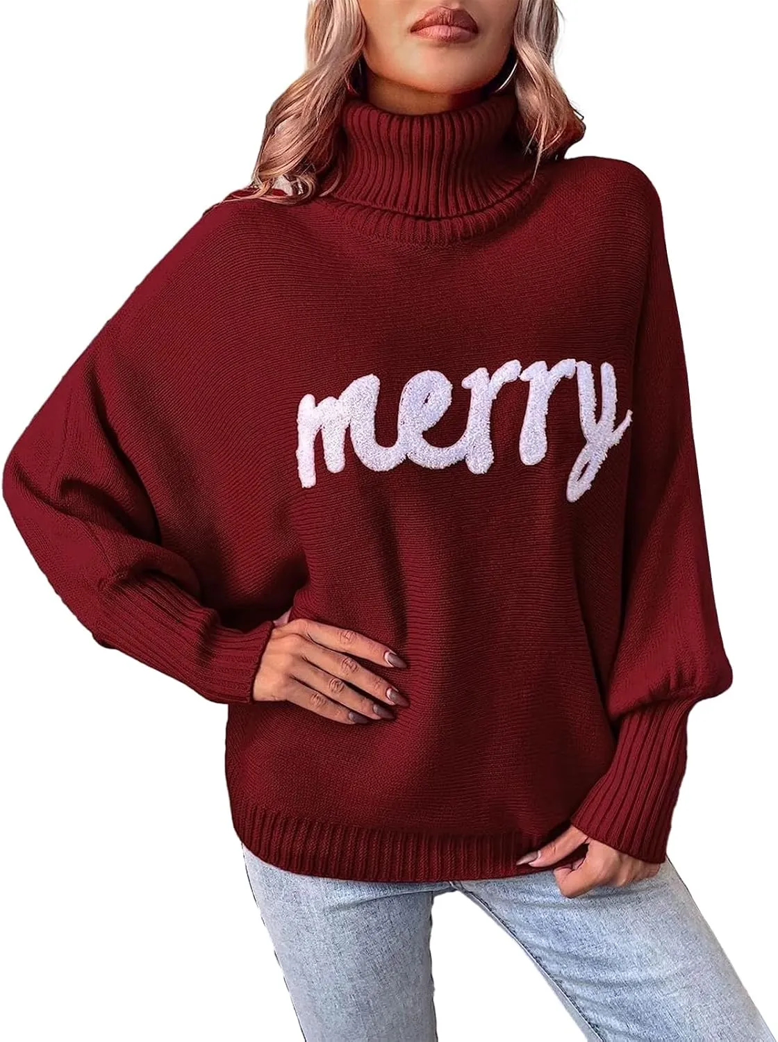 Women Merry Christmas Turtleneck Sweater Xmas Long Batwing Sleeve Letter Pullover Holiday Knitted Sweater Tops