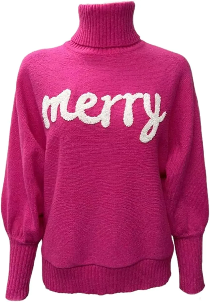 Women Merry Christmas Turtleneck Sweater Xmas Long Batwing Sleeve Letter Pullover Holiday Knitted Sweater Tops